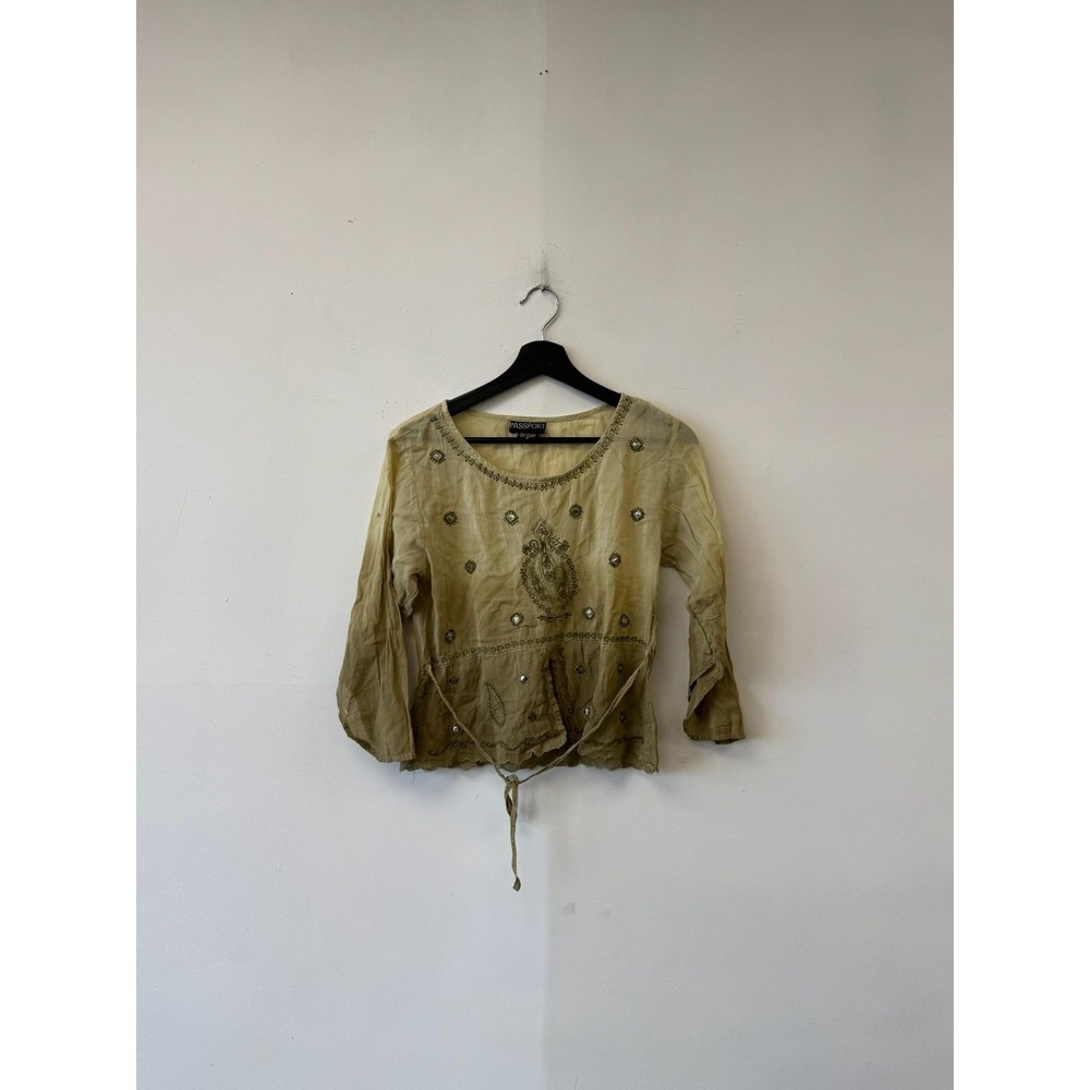 VTG Passport Blouse Womens Medium Green Embroidered Scoop 3/4 Sleeve Boho Y2K